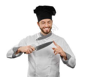 厨师检查他的刀锋利度孤立在白色图片