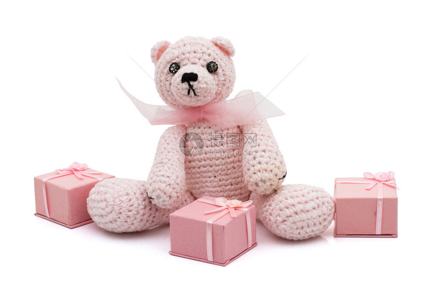 带着粉色礼物的自制编织的手杖熊泰迪熊图片