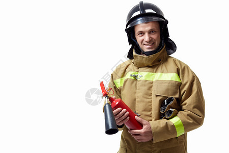 白色背景上的消防员灭火器图片