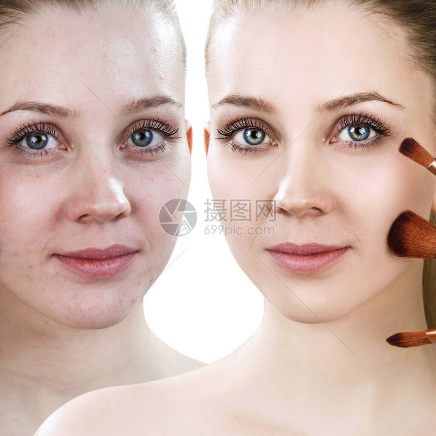 在治疗和化妆前后用刷子比较年轻女孩的对比图片