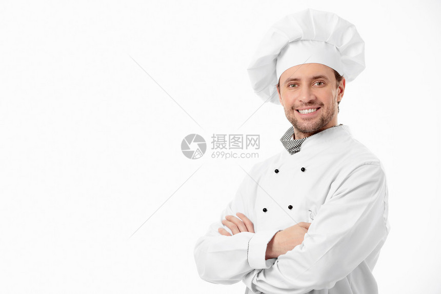 白色背景上迷人的微笑厨师图片