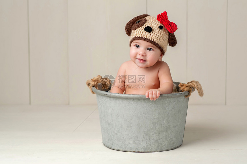 6个月大的女婴穿着一只鳄鱼小狗帽子图片