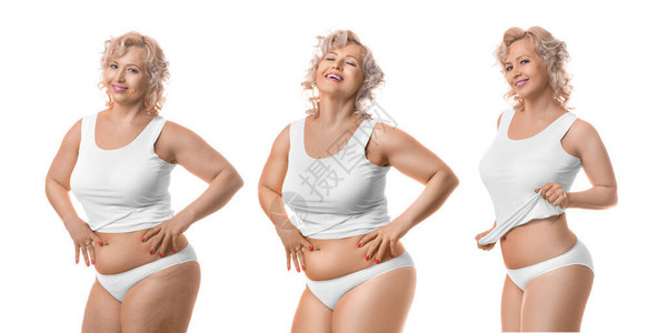 穿着白色内衣的微笑瘦身中年模特减肥的过程在白图片
