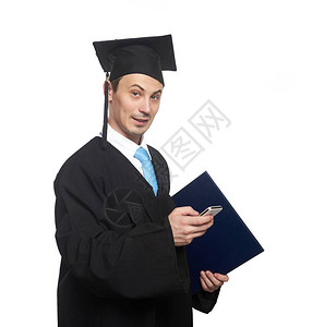 毕业学生手持智能手机在白色背图片