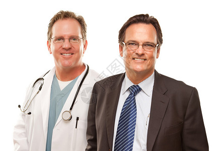 和男医生或护士一起微笑的商人在白色背图片