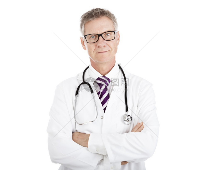 戴眼镜的医生在肩膀上佩戴立心透视镜的穿梳洗衣图片