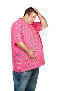 白色背景下的粉衣肥胖男人图片