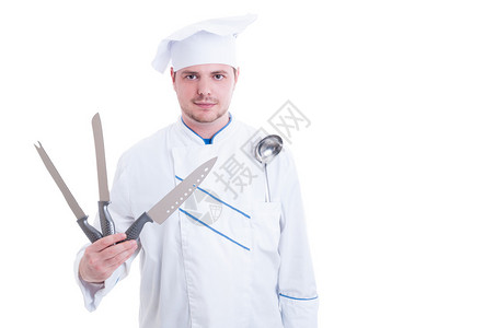 厨师或厨师拿着专业刀具和勺子放在胸袋上图片