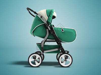 现代婴儿推车深绿色春秋冬绿色前3d渲染蓝图片