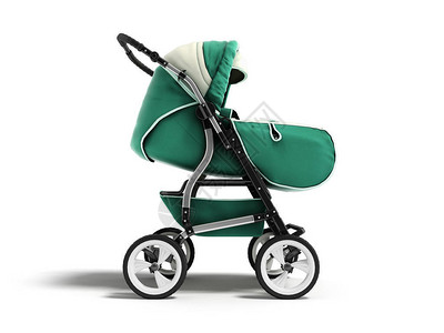 现代婴儿车黑暗绿色春秋冬季绿面3D在白色背景图片