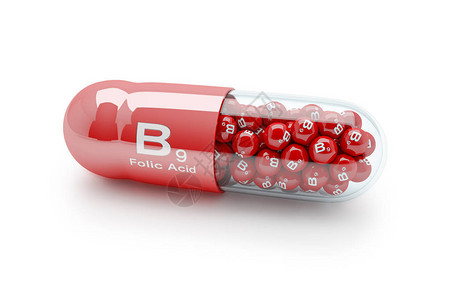 吃叶酸维生素胶囊的3d渲染与维生素B9叶酸在白色背景设计图片