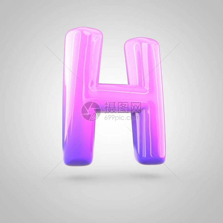 光滑粉色和紫色梯度涂料字母H大写3D将泡沫扭曲的字体转换成白色背景图片