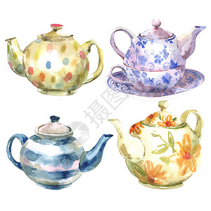 一套白色背景的水彩茶壶水彩插图图片