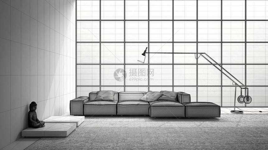 未完成的以沙发地毯和大窗户草图抽象室内设计为主的图片