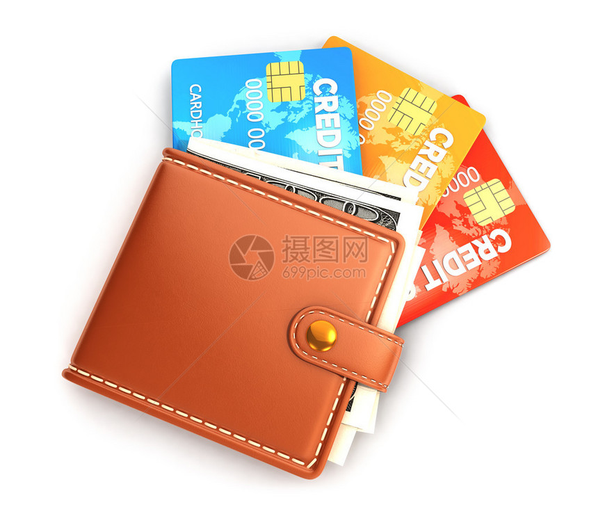 3D钱包有信用卡孤立白背图片