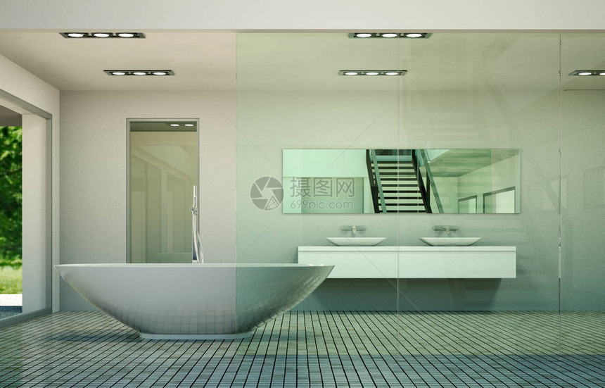 现代浴室内部3D渲染模型与浴缸图片