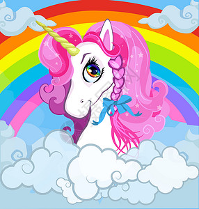 卡通白色小马独角兽头与粉红色鬃毛肖像在明亮的彩虹与云天空背景T恤图形儿童服装印刷品婴儿书籍明信背景图片