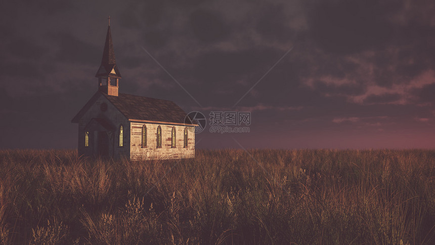 古老废弃的白木小教堂在草原上在日落时图片