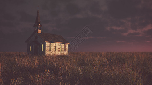 尤利西斯克劳古老废弃的白木小教堂在草原上在日落时插画