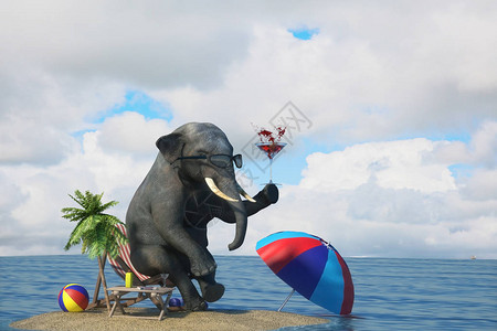 3D说明一头大象坐在海滩上俯视图片