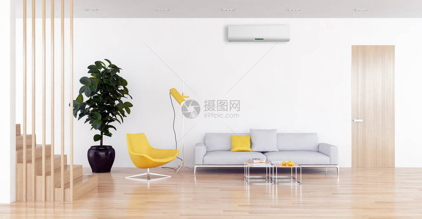 具有空调插图3DGenderin的现代光亮室内客厅有空图片