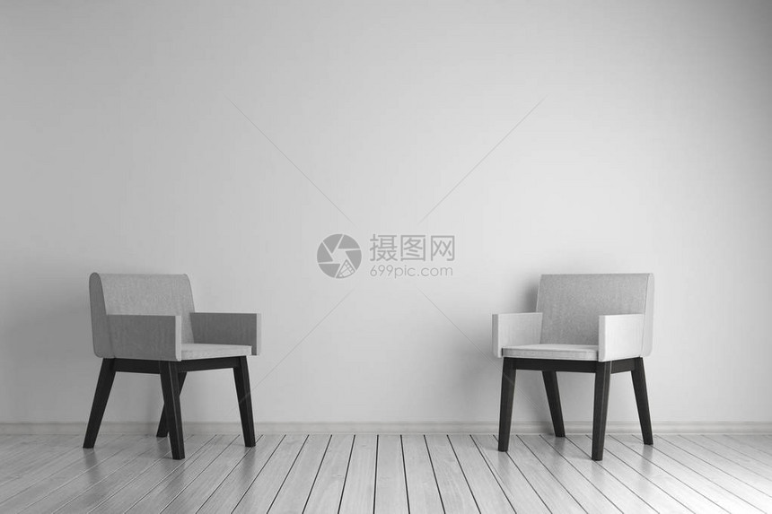 室内白色客厅内装有椅子和混凝土墙上复制空间的白色起居室Mockup图片