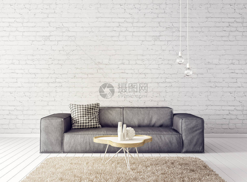 带灰色沙发和灯光的现代白色客厅扫描室内设计家具3图片
