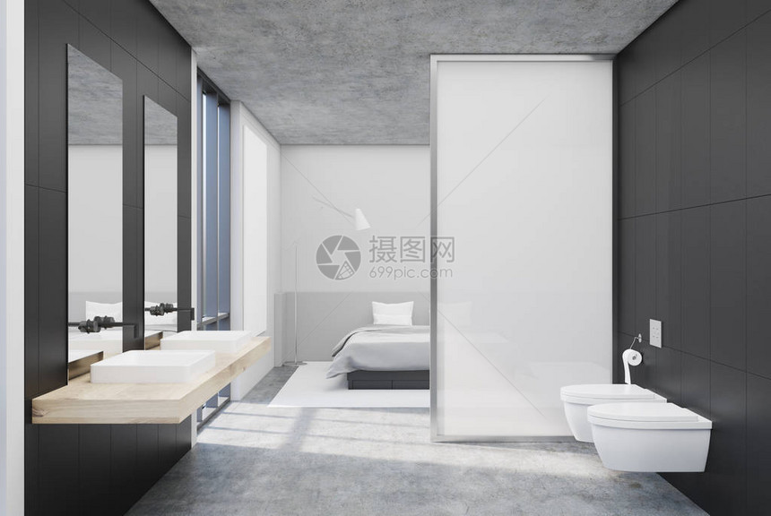 灰色浴室内有混凝土地板大窗户双水槽和两个厕所图片