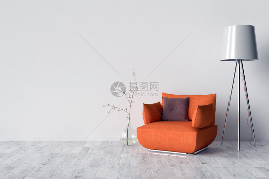 地板椅子内灯和背景的空白墙图片