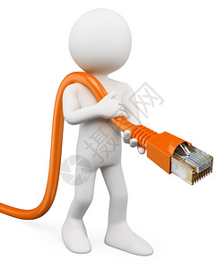 45°RJ45电缆连接到网络的3D白人3D图像孤立设计图片