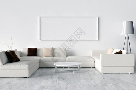 地板沙发内灯和墙上的空白图片框图片