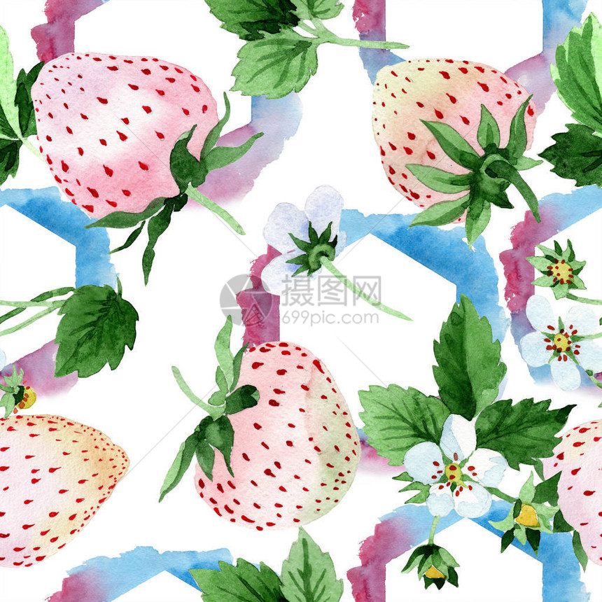 水彩风格的白色草莓果实无缝背景图案织物壁纸打印纹理背景质地包装图案或菜单图片
