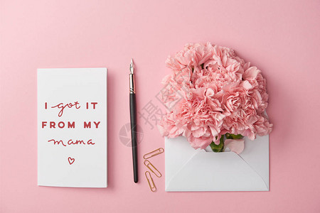 每日贺卡和信封粉红背景的康乃馨图片