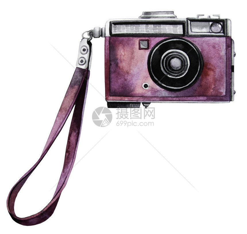 带有粉红色身体的水颜色古老SLR相机前视图在白色背景图片