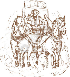 手画了牛仔舞厅驾驶员和马前视线的插图图片