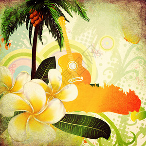 具有棕榈树白羽花和吉他等热带背景的抽象图片