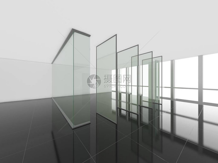 现代空房的玻璃门3D转换内部设图片