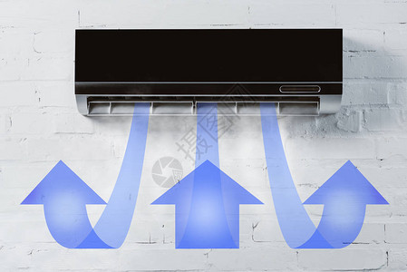 壁挂式安装挂在白砖墙上并用箭头吹散空气插画