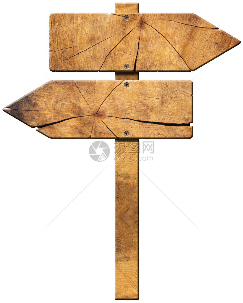 白色背景上隔开两个向相反方向的空箭头木制方向标志图片