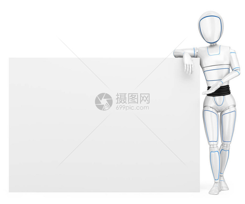 3d未来的android插图人形机器人靠在一张空白海报上孤图片