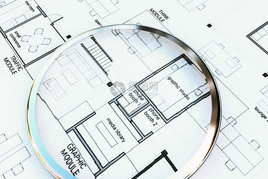 建筑计划上放大镜的3d插图图片