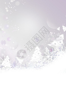 带有白色圣诞树和雪花的银色圣诞贺卡背景图片