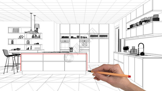 内地设计项目概念手绘定制结构黑白墨画草图展示与岛屿一道最起码厨房图片