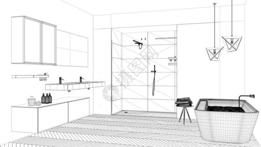 内地设计工程黑白墨油草图用浴缸和淋浴展示现代浴图片