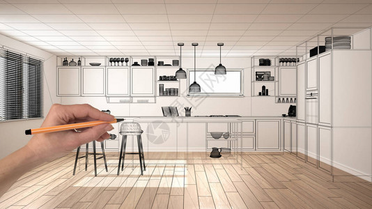 展示现代最起码厨房的蓝图图片