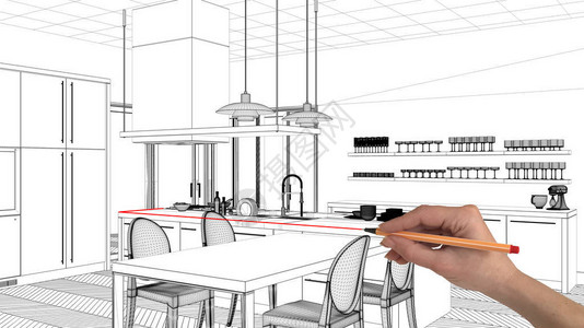 内地设计项目概念手绘定制结构黑白墨画草图用餐桌展示现代厨房图片