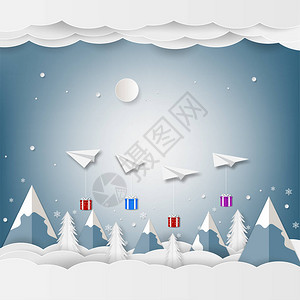 空中白色漂浮机和礼品盒在天空中图片