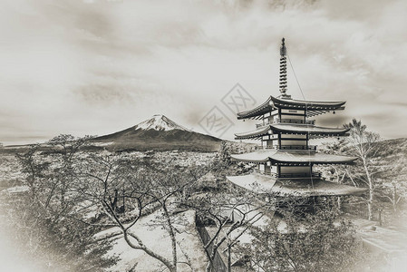 河口湖和富士山富士山和Chureito塔在秋天的日出Chureito宝塔位于日本富士吉田富士山插画
