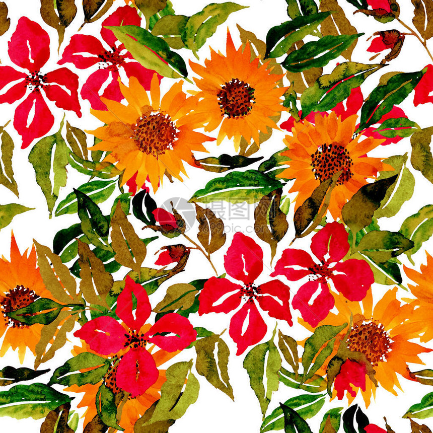 水彩无缝图案与花香复古植物插图任何类型的设计的优雅装饰时尚印花与五颜六色的抽象花图片