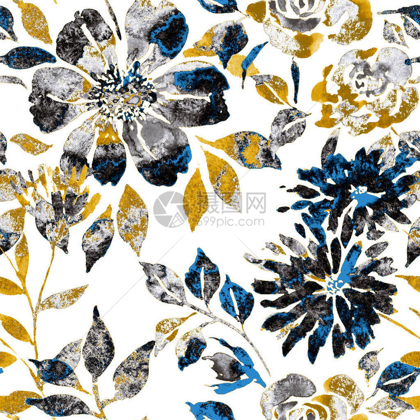 水彩无缝图案与花香复古植物插图任何类型的设计的优雅装饰印花与五颜六色的抽象花图片